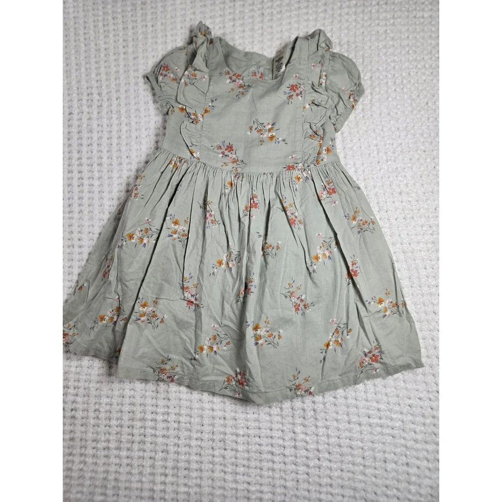 Toddler Girls 2T Sage Green‎ Floral Ruffle Button Back Cotton Dress Cottagecore
